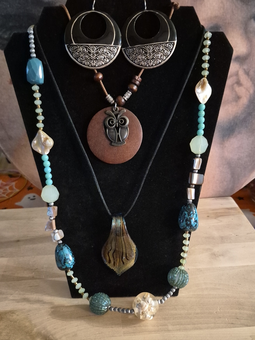 Boho Green & Turquoise Beaded Pendant Necklace Set